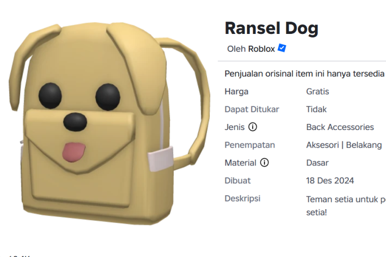 Klaim Sebelum Hangus! Cara Mendapatkan Item Dog Backpack di Roblox, Cocok Jadi Hiasan Avatar yang Menggemaskan